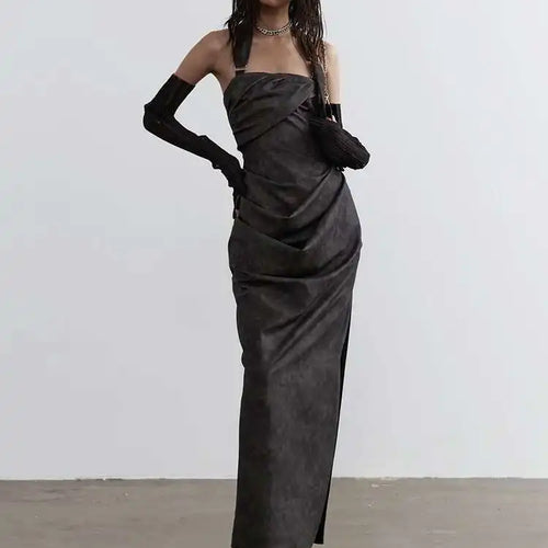 Load image into Gallery viewer, Women Gray Shaped Pleated Pu Leather Long Elegant Strapless Dress New Sleeveless Fashion Tide Spring Autumn 2025 1DH4724
