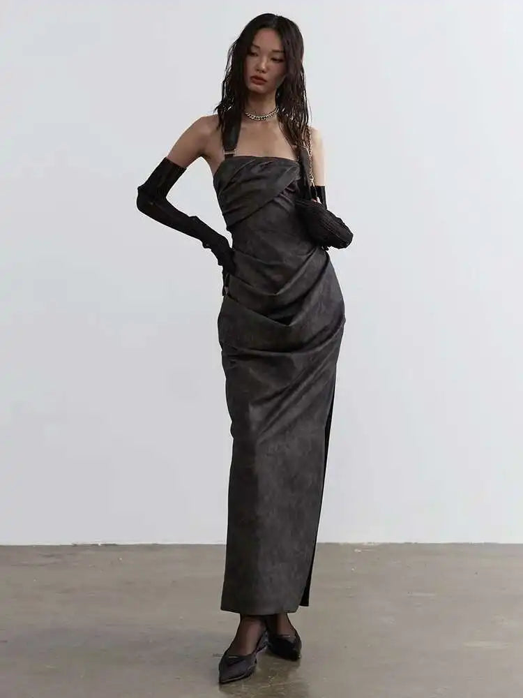 Women Gray Shaped Pleated Pu Leather Long Elegant Strapless Dress New Sleeveless Fashion Tide Spring Autumn 2025 1DH4724