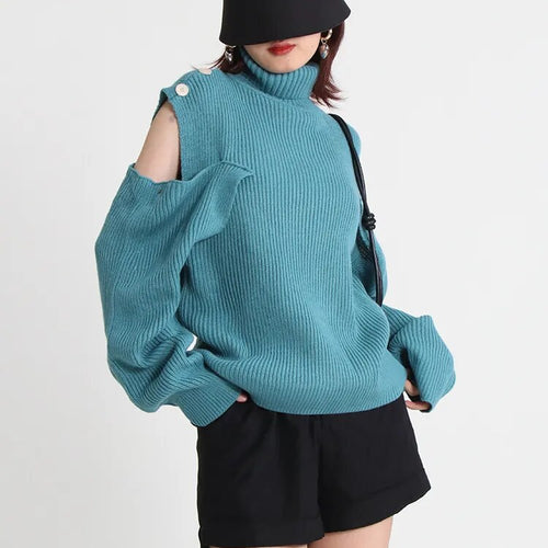 Load image into Gallery viewer, Hollow Out Sweater For Women Turtleneck Lantern Sleeve Knitting Minimalist Sweaters Female Autumn Clothing Fashion
