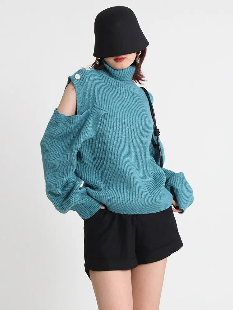 Hollow Out Sweater For Women Turtleneck Lantern Sleeve Knitting Minimalist Sweaters Female Autumn Clothing Fashion