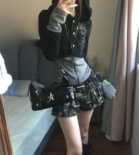 Y2k Aesthetic Fake Two Pieces Zipper Jackets Streetwear Casual Hooded Print Tops Vintage Patchwork Bodycon Coats Women Harajuku