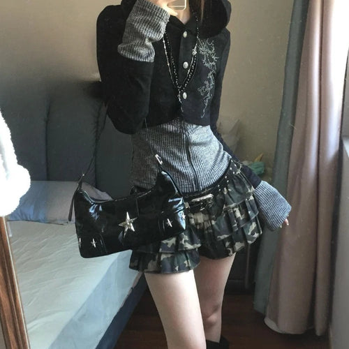 Load image into Gallery viewer, Y2k Aesthetic Fake Two Pieces Zipper Jackets Streetwear Casual Hooded Print Tops Vintage Patchwork Bodycon Coats Women Harajuku
