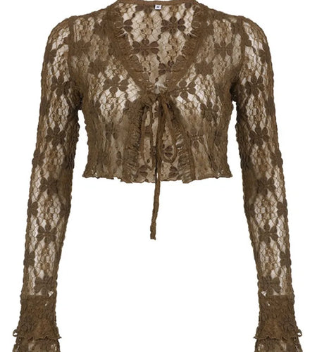 Casual Women Vintage Bandage Fashion Tops Thin Hollow Lace Streetwear Cardigan 2025 Autumn Y2k Aesthetic Sun Protection Cloth