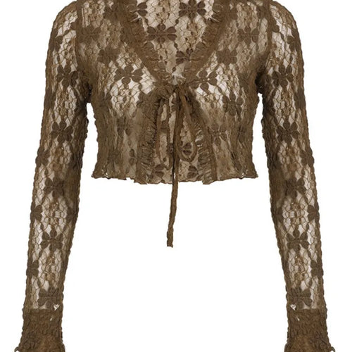 Load image into Gallery viewer, Casual Women Vintage Bandage Fashion Tops Thin Hollow Lace Streetwear Cardigan 2025 Autumn Y2k Aesthetic Sun Protection Cloth
