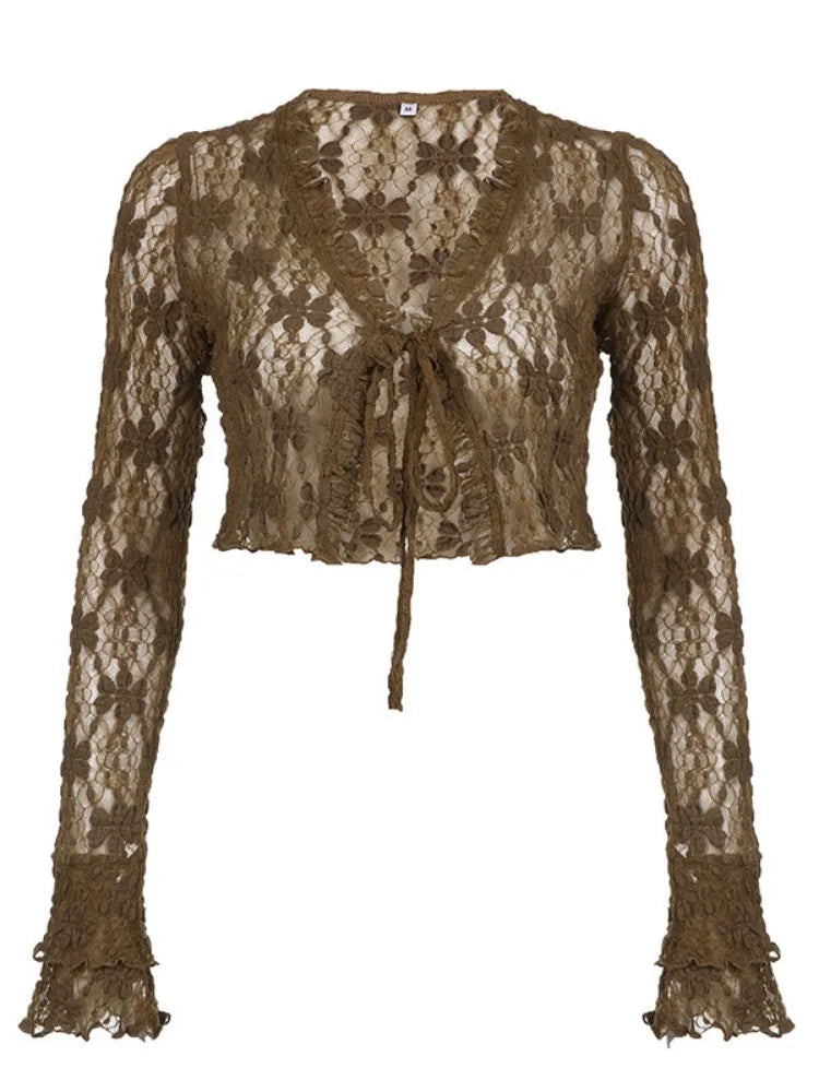 Casual Women Vintage Bandage Fashion Tops Thin Hollow Lace Streetwear Cardigan 2025 Autumn Y2k Aesthetic Sun Protection Cloth