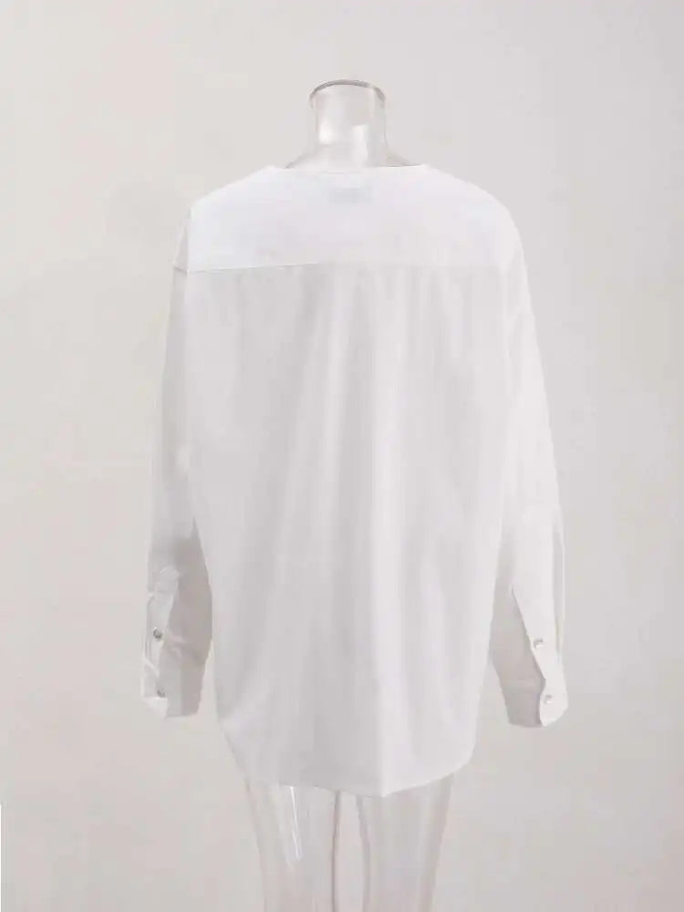 Women White Irreuglar Button Big Size Elegant Blouse New Round Neck Long Sleeve Shirt Fashion Spring Autumn 2025 CPG1558