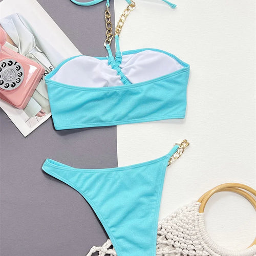 Load image into Gallery viewer, Metal Chains Cross Halter Bikini Set Female Brazilian Swimsuit Bandage Women Swimwear Bandeau Bathing Suit
