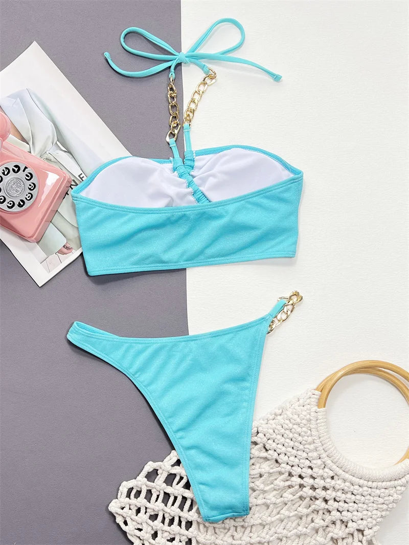 Metal Chains Cross Halter Bikini Set Female Brazilian Swimsuit Bandage Women Swimwear Bandeau Bathing Suit