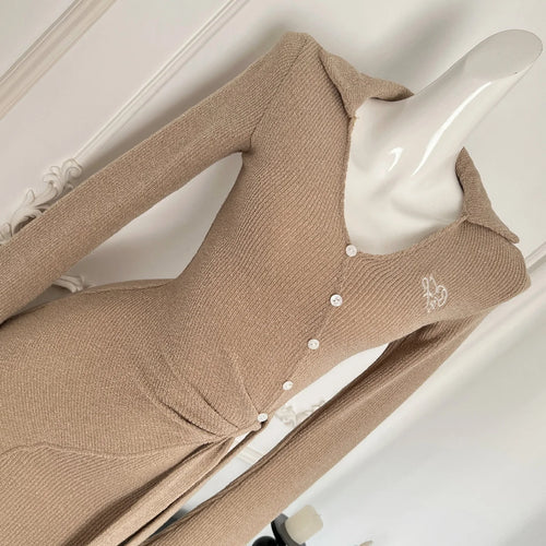 Load image into Gallery viewer, Korean Brown V-neck Temperament Office Long Sleeve Button Bandage Short Dress For Women 2024 Autumn White New Knitted Mini Dress
