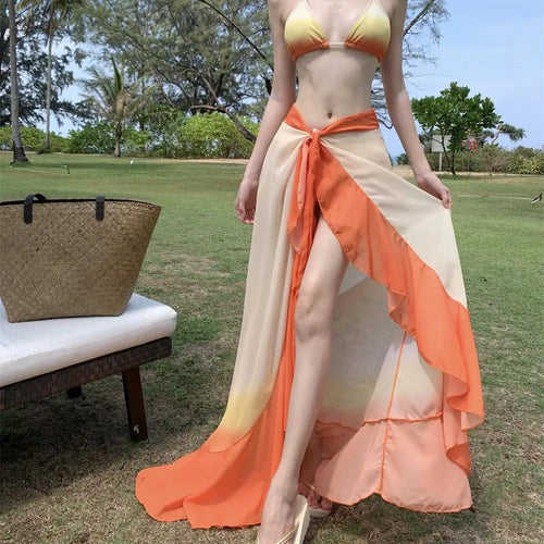 Load image into Gallery viewer, Swimsuit Women Summer Orange Gradient Halter Lace-up Bikini And Bandage Split Long Skirt Three Piece Set Sexy Beach Vacation New
