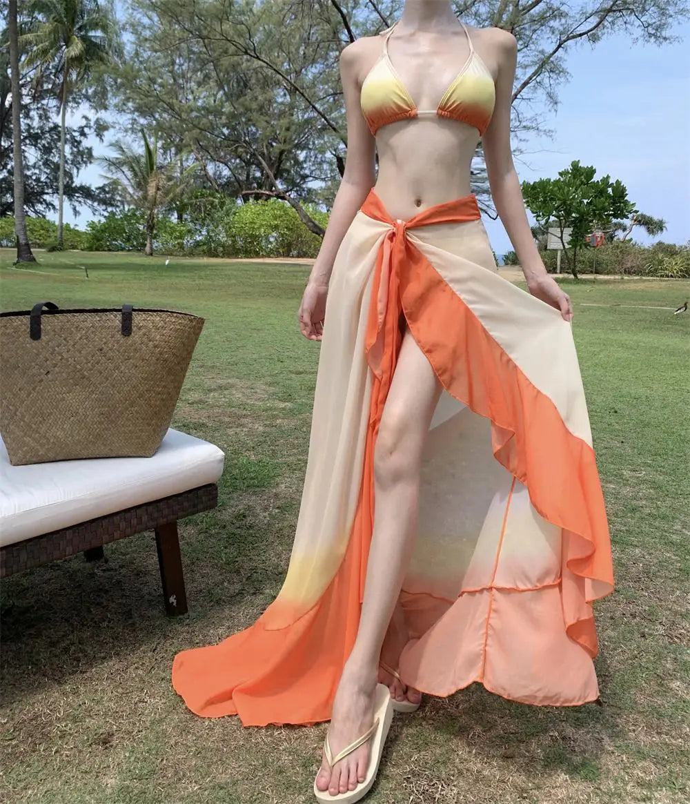 Swimsuit Women Summer Orange Gradient Halter Lace-up Bikini And Bandage Split Long Skirt Three Piece Set Sexy Beach Vacation New