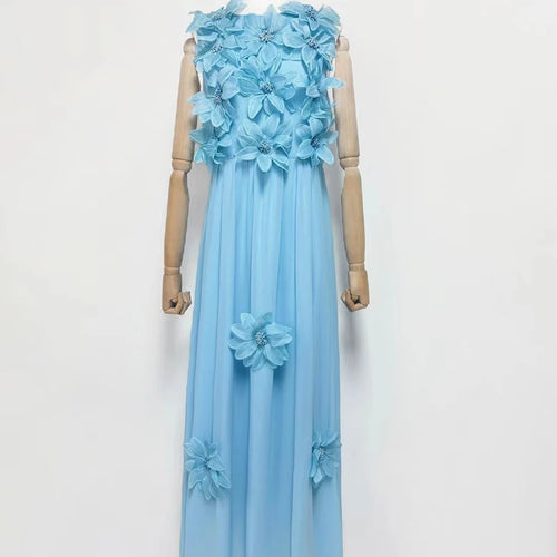 Load image into Gallery viewer, Solid Spliced 3D Flower Elegant Long Dresses for Women Round Neck Sleeveless High Waist Dress Female Clothing New
