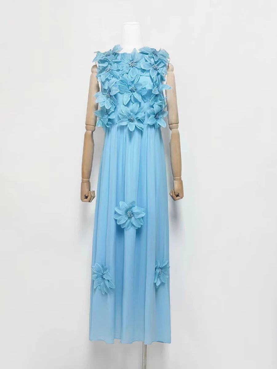 Solid Spliced 3D Flower Elegant Long Dresses for Women Round Neck Sleeveless High Waist Dress Female Clothing New