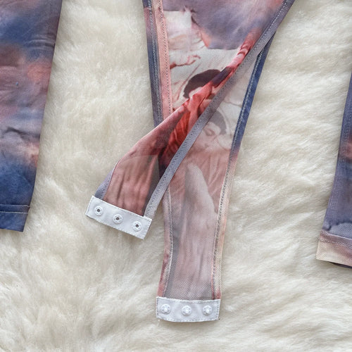 Load image into Gallery viewer, Fashion Hotsweet Two Pieces Suits O Neck Long Sleeved Transparent BodySuit Top+ Skinny Mini Skirt Tie Dye Print Sets
