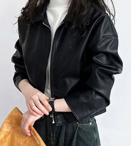 PU Leather Brown Big Size Casual Short Jacket New Lapel Long Sleeve Women Coat Fashion Tide Spring Autumn 2025 1DH6650
