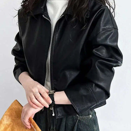 Load image into Gallery viewer, PU Leather Brown Big Size Casual Short Jacket New Lapel Long Sleeve Women Coat Fashion Tide Spring Autumn 2025 1DH6650
