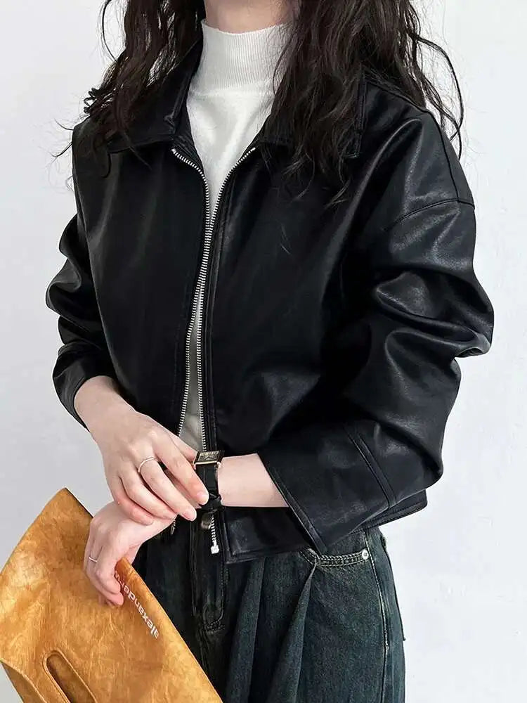 PU Leather Brown Big Size Casual Short Jacket New Lapel Long Sleeve Women Coat Fashion Tide Spring Autumn 2025 1DH6650