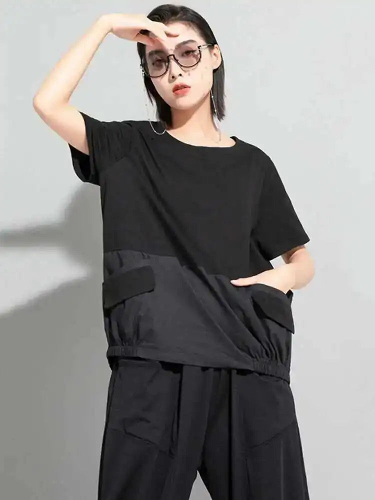 Women Black Big Size Irregular Spliced Pockets T-shirt New Round Neck Short Sleeve Fashion Tide Spring Summer 2025 1DD8085
