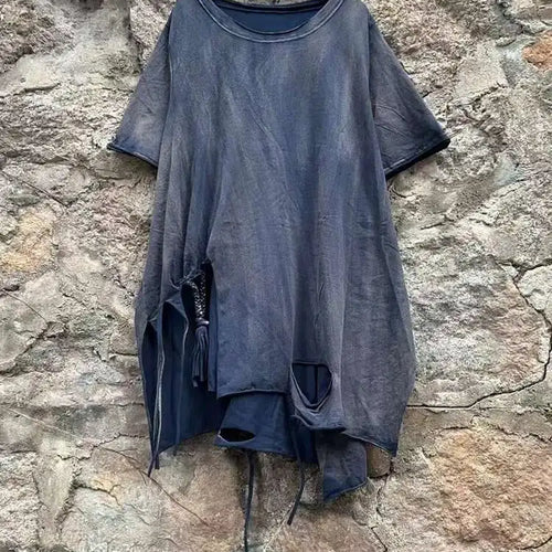 Load image into Gallery viewer, Women Orange Red Holes Big Size Casual Long T-shirt New Round Neck Half Sleeve Fashion Tide Spring Autumn 2025 1DJ0279
