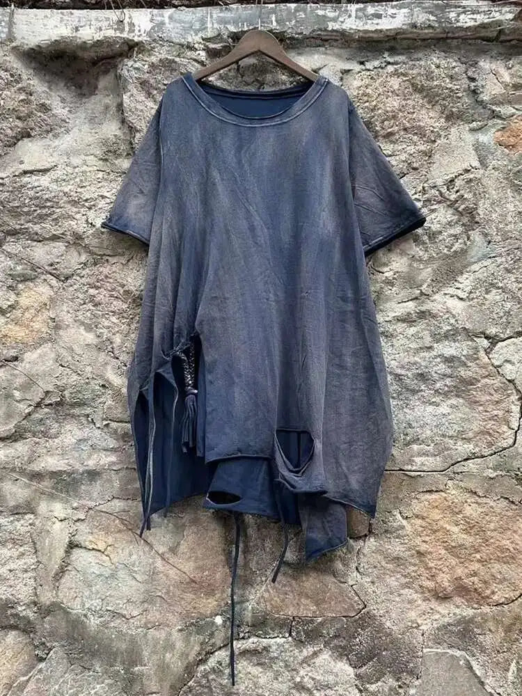 Women Orange Red Holes Big Size Casual Long T-shirt New Round Neck Half Sleeve Fashion Tide Spring Autumn 2025 1DJ0279