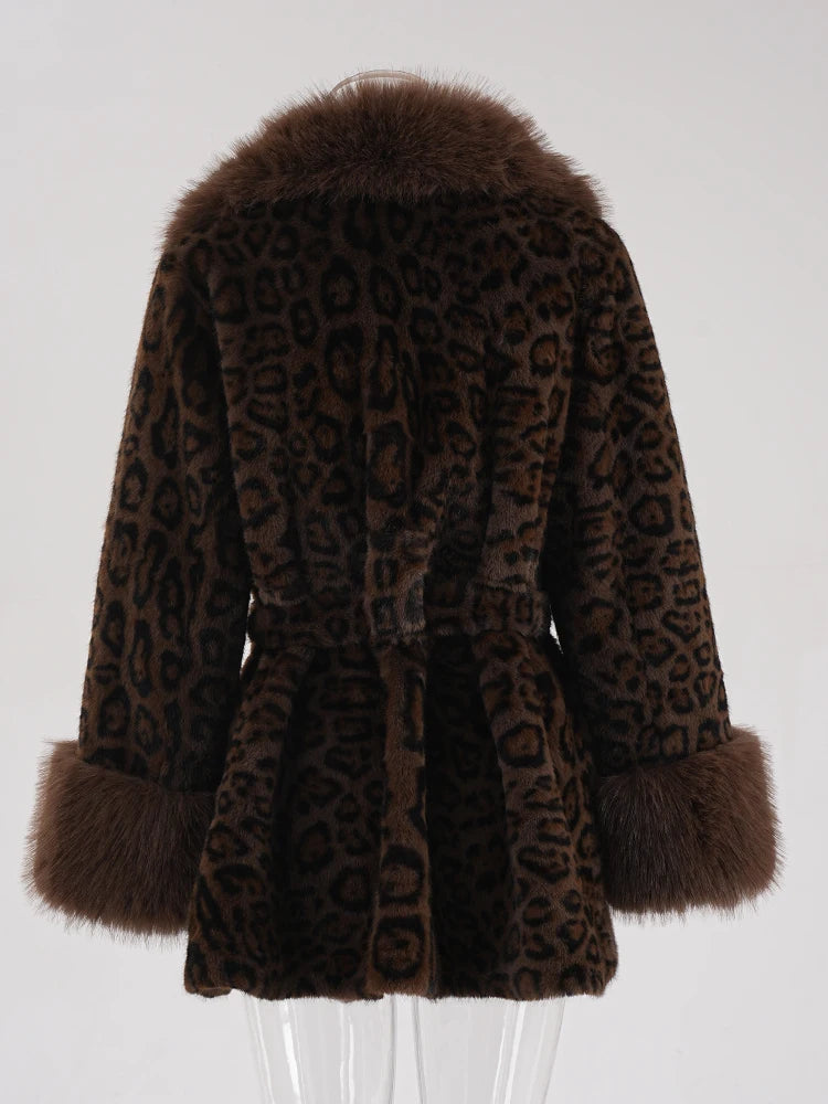Brown Leopard Big Size Warm Faux Fur Jacket New Lapel Long Sleeve Women Coat Fashion Tide Autumn Winter 2025 CPG2453