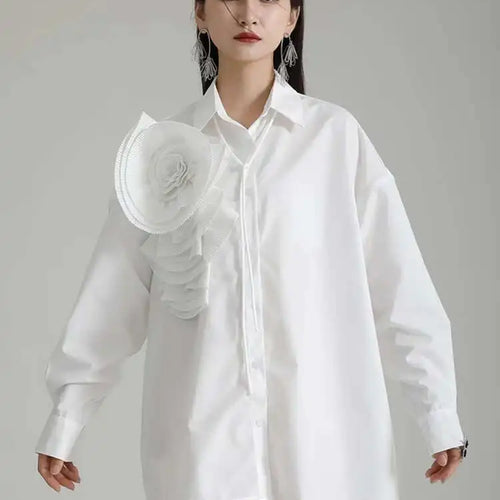 Load image into Gallery viewer, Women Blue Pleated Flower Big Size Blouse New Lapel Long Sleeve Loose Fit Shirt Fashion Tide Spring Autumn 2025 1DH0316
