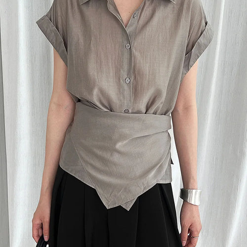 Load image into Gallery viewer, Women Blue Thin Irregular Bandage Big Size Blouse New Lapel Short Sleeve Shirt Fashion Tide Spring Summer 2025 1DJ1709
