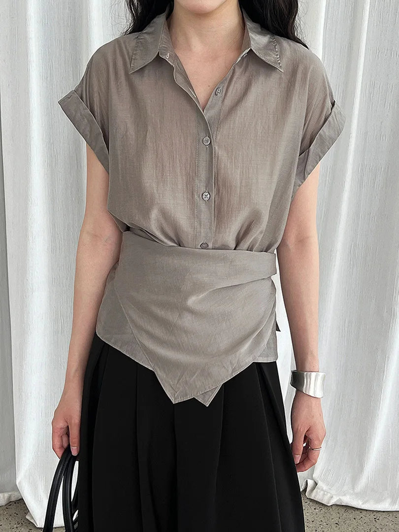 Women Blue Thin Irregular Bandage Big Size Blouse New Lapel Short Sleeve Shirt Fashion Tide Spring Summer 2025 1DJ1709