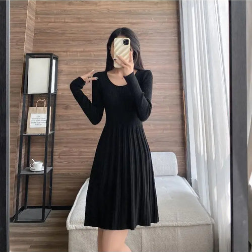 Load image into Gallery viewer, Black Elegant Knitted Pleated Mini Dress Women Gray Slim O-neck Long Sleeve Party A-line Dress 2023 Autumn Lady Streetwear Robe
