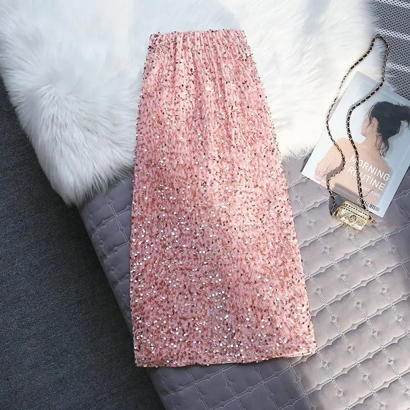 Korean Style Fashion Sequin Design Long Skirts For Women All Season Ladies Casual Streetwear All Match Sexy Split Midi Skirt
