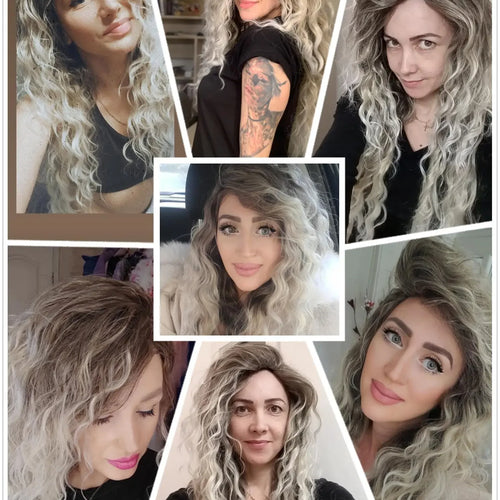 Load image into Gallery viewer, Synthetic Womens Wig Long Curly Hair Ash Blonde Wig Female Natural Wavy Dark Root Regular Wig 80s Brown Ombre Wig for Woman Girl
