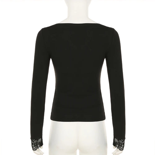 Load image into Gallery viewer, Vintage Lace Patchwork Hook Floral T-shirts Women Elegant Slim-Fit Square Neck Spring Autumn Tops Long Sleeve Clothes
