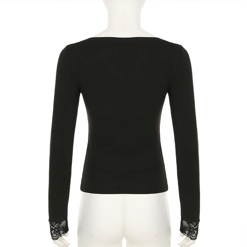 Vintage Lace Patchwork Hook Floral T-shirts Women Elegant Slim-Fit Square Neck Spring Autumn Tops Long Sleeve Clothes