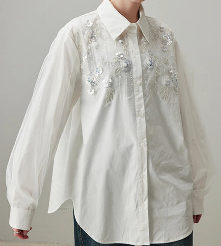 Solid Spliced Diamonds Loose Chic Blouse For Women Lapel Long Sleeve Temperament Shirts Female Fashion Style New