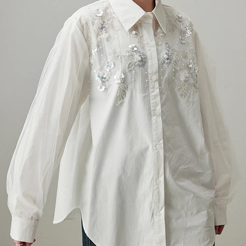 Load image into Gallery viewer, Solid Spliced Diamonds Loose Chic Blouse For Women Lapel Long Sleeve Temperament Shirts Female Fashion Style New
