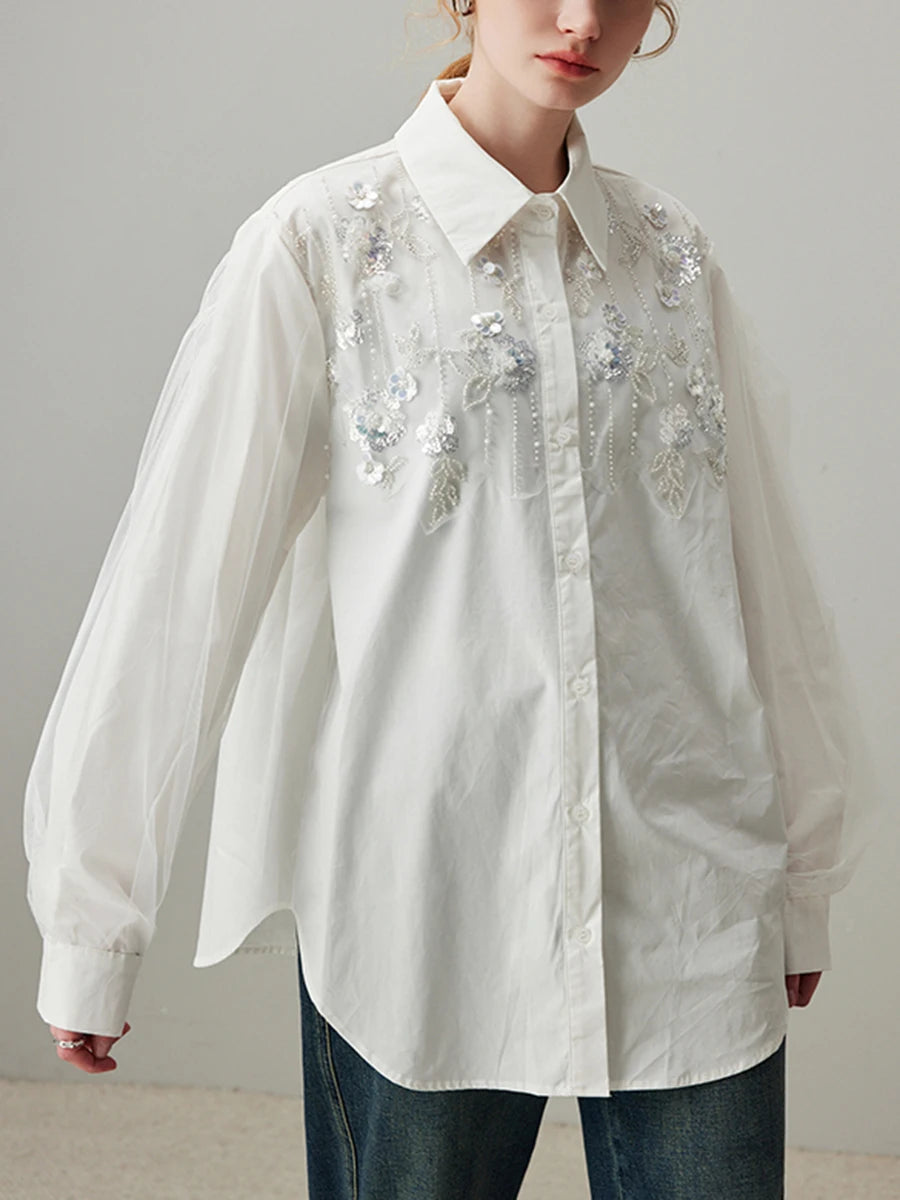 Solid Spliced Diamonds Loose Chic Blouse For Women Lapel Long Sleeve Temperament Shirts Female Fashion Style New