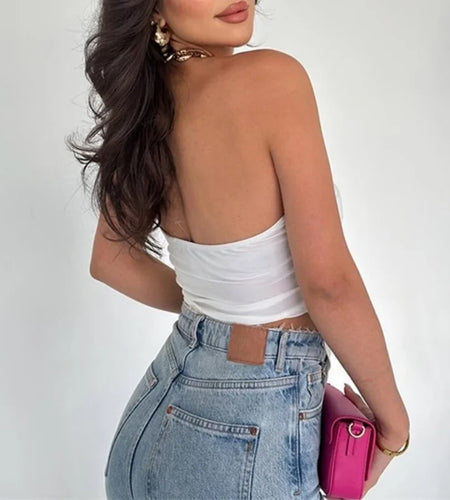 y2k Tube Tops 2000s Women Summer Solid Color Off Shoulder Strapless Sleeveless Asymmetrical Hem Bandeau Vest Streetwear