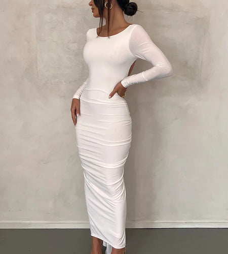Sexy Backless Ruched Maxi Dress Women White Long Sleeve Evening Dresses Female Autumn Skinny Elegant Party Clubwear 2022