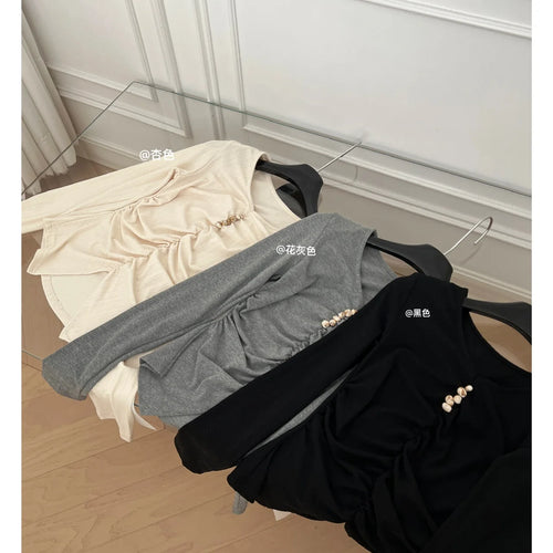 Load image into Gallery viewer, Women Black Beige Festival Pleated T-shirt Casual Grey V Neck Long Sleeve Top Ladies Versatile Clothing Spring Autumn 2025 Trend
