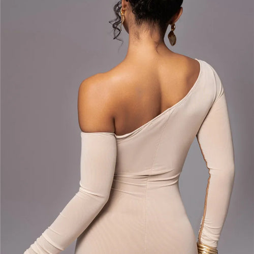 Load image into Gallery viewer, Diagonal Collar Long Sleeve Midi Dress For Women Two Layer Mesh Backless Ruched Bodycon Club Party Sexy Long Dress
