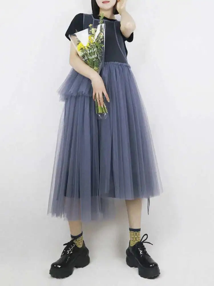 Women Green Mesh Irregular Elegant Dress New Round Neck Sleeveless Loose Fit Fashion Tide Spring Summer 2025 1DF9867