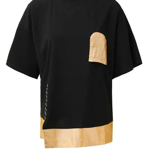 Load image into Gallery viewer, Women Black Pocket Color-block Topstitched Big Size T-shirt New Round Neck Short Sleeve Fashion Spring Summer 2025 1DH5356

