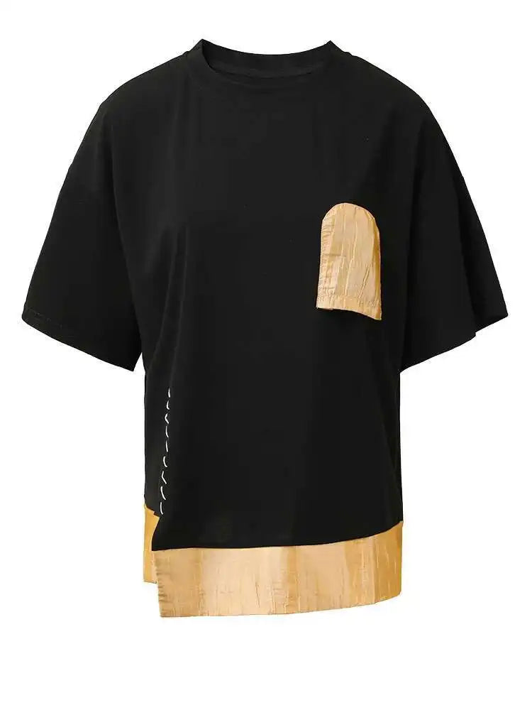 Women Black Pocket Color-block Topstitched Big Size T-shirt New Round Neck Short Sleeve Fashion Spring Summer 2025 1DH5356