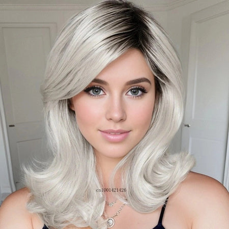 Synthetic Fiber Long Wavy Wigs for White Women Gradient Color Black Roots Silver Grey Wigs with Side Bangs Curly Hair Wig Mother