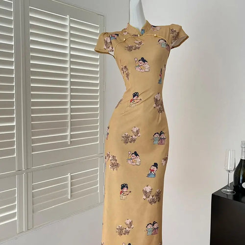 Load image into Gallery viewer, Summer Chinese Style Vintage Fashion Yellow Print Party Long Dress Women Elegant Short Sleeve Dress 2025 New Street Popular Robe
