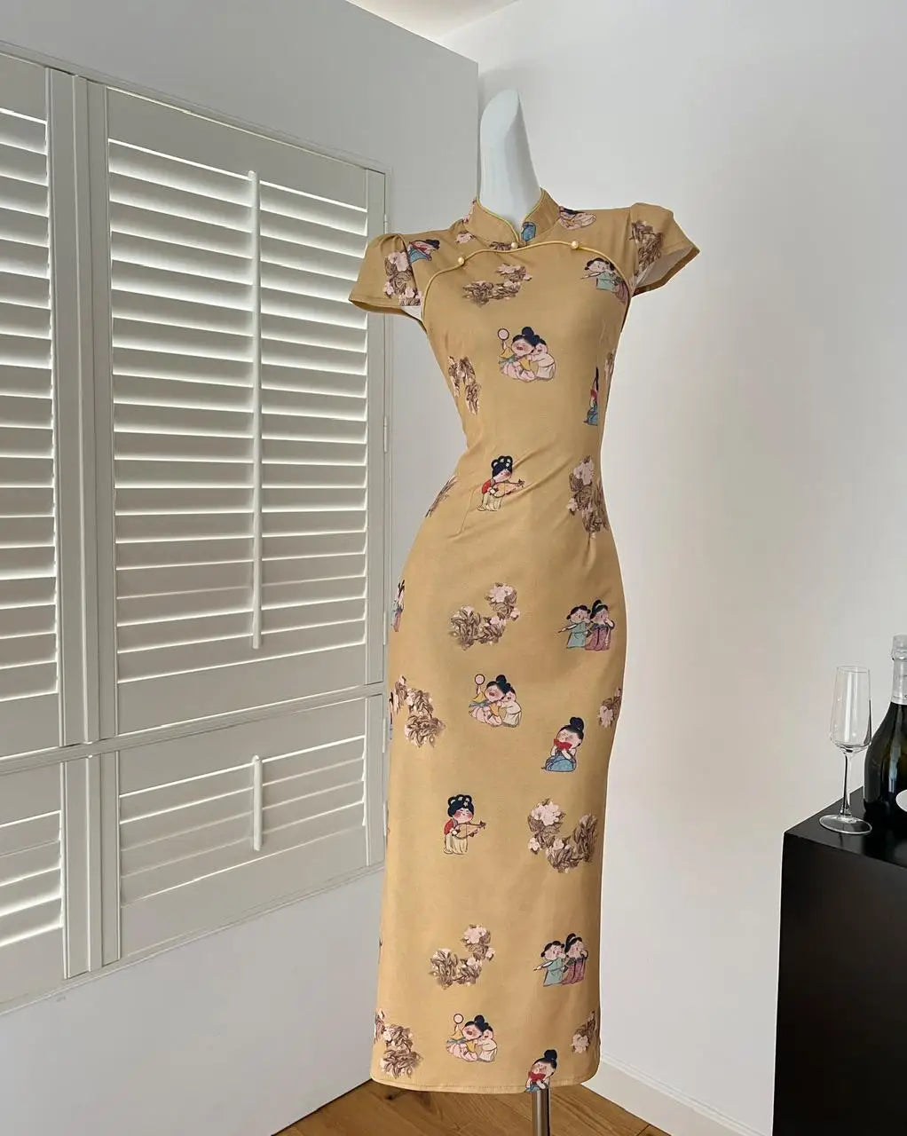 Summer Chinese Style Vintage Fashion Yellow Print Party Long Dress Women Elegant Short Sleeve Dress 2025 New Street Popular Robe