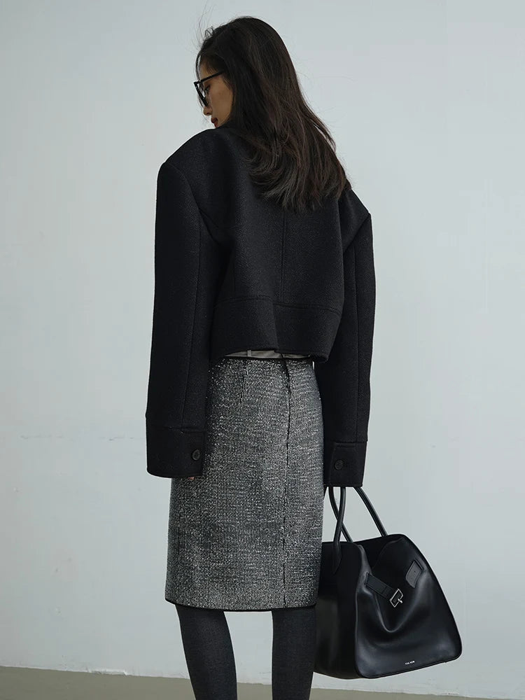 Black Lace Big Size Short Irregular Woolen Coat New Lapel Long Sleeve Women Jacket Fashion Tide Autumn Winter 2025 1DH7518