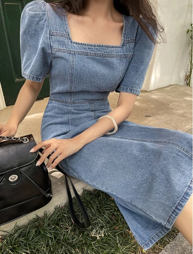 Load image into Gallery viewer, French Vintage Blue Denim Dress Summer New Temperament Goddess Long Dress High Waist Slim Elegant Square Collar Holiday Dresses
