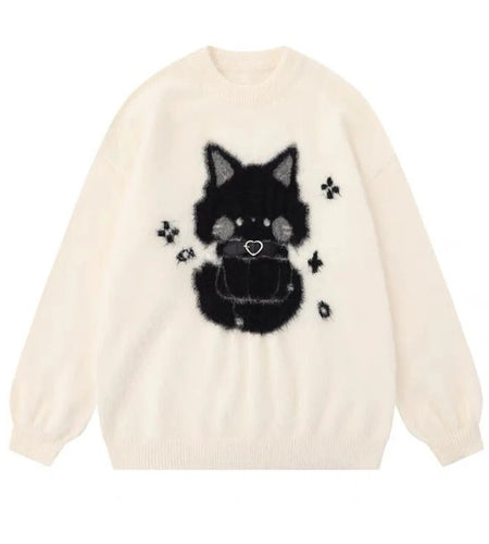Loose Mohair Sweater Women Y2k Aesthetic Knitted Cartoon Cat Vintage Pullover Sueter Mujer Harajuku Grunge Pull Femme Top Jumper