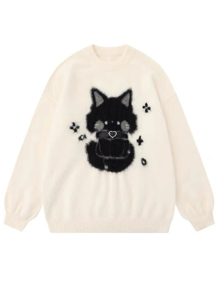 Loose Mohair Sweater Women Y2k Aesthetic Knitted Cartoon Cat Vintage Pullover Sueter Mujer Harajuku Grunge Pull Femme Top Jumper